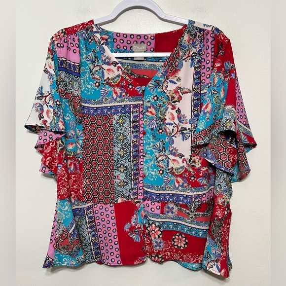 Chicos Patchwork Floral Paisley Peplum Flutter Sleeve Button Up Blouse - Picture 3 of 10